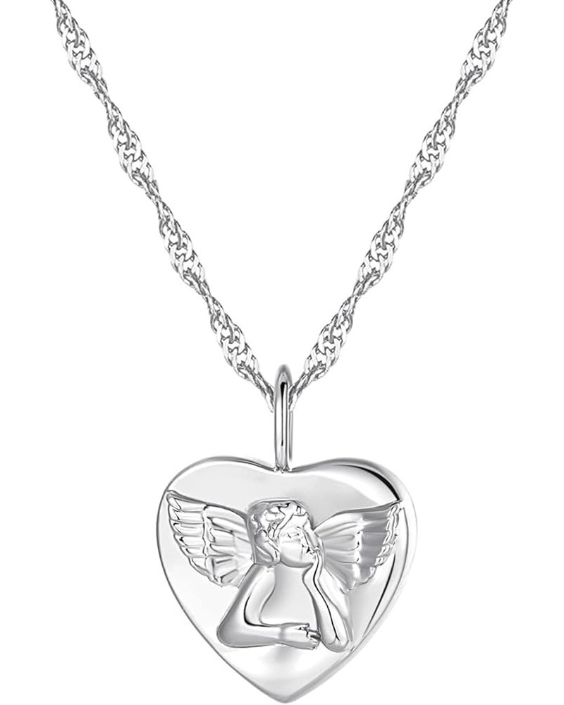 Heart Cherub Angel Medallion Pendant Necklace | Baby - Raffaello's Angel | 16.5'' +2'' Silver $9.09 Necklaces