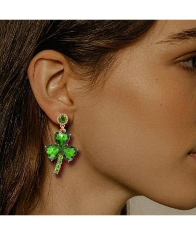 St. Patrick's Day Shamrock Earrings Green Clover Crystal Rhinestone Drop Dangle Earrings for Women $6.32 Earrings