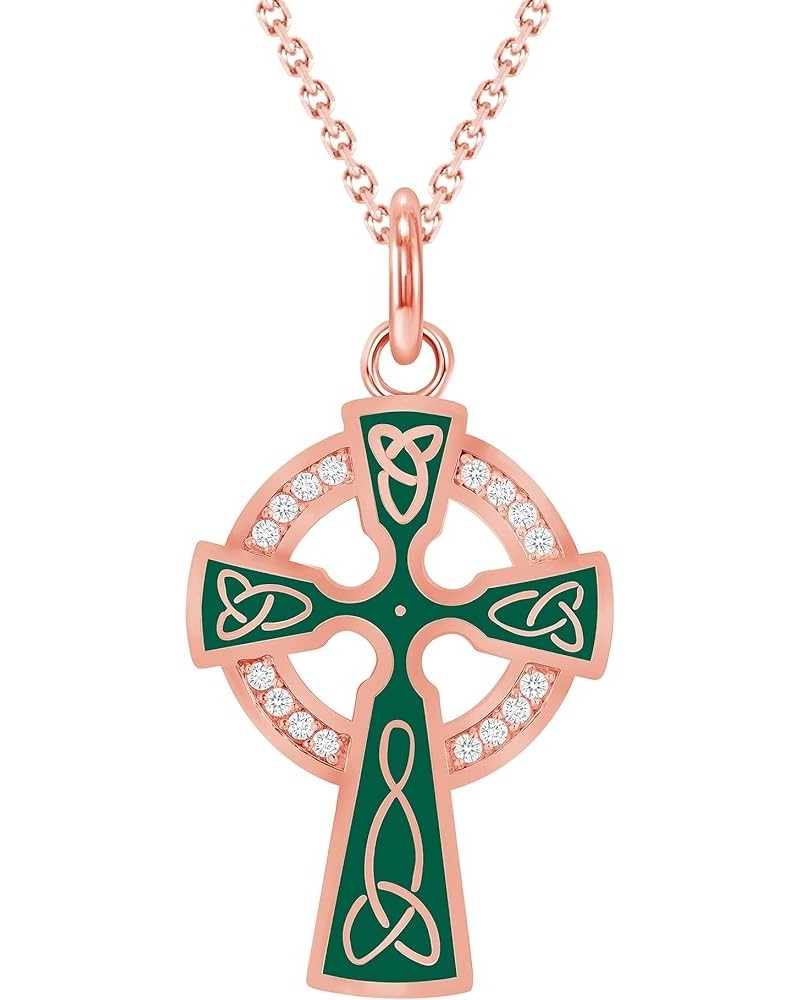 Celtic Cross Trinity Knot Pendant Necklace in Solid 14k Gold with Diamonds, Made in America 16" Necklace Green Enamel Rose Go...