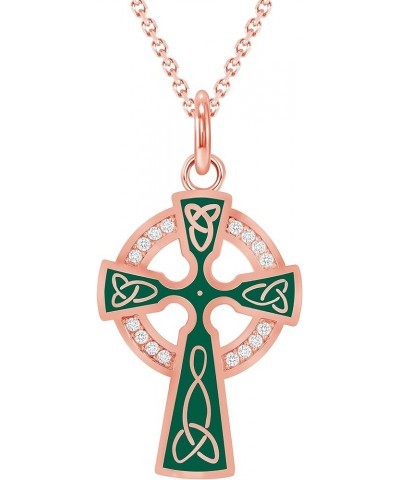 Celtic Cross Trinity Knot Pendant Necklace in Solid 14k Gold with Diamonds, Made in America 16" Necklace Green Enamel Rose Go...