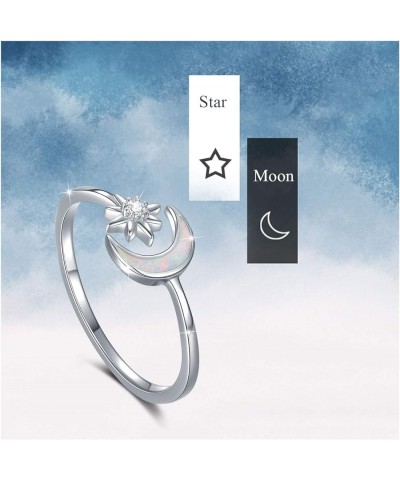 Moon Ring, S925 Sterling Silver Crescent Moon and Star Ring Synthetic Opal Open Ring Adjustable Ring Gift for Women white moo...