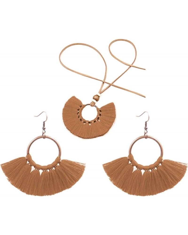 Bohemian Women Round Pendant Fringe Tassel Rope Necklace Earrings Jewelry Set Gift Coffee $3.60 Jewelry Sets