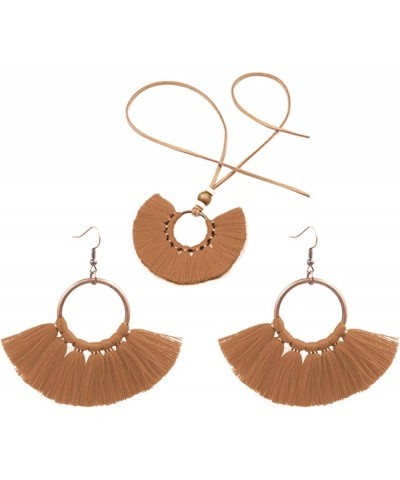 Bohemian Women Round Pendant Fringe Tassel Rope Necklace Earrings Jewelry Set Gift Coffee $3.60 Jewelry Sets