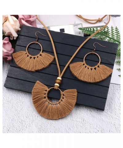 Bohemian Women Round Pendant Fringe Tassel Rope Necklace Earrings Jewelry Set Gift Coffee $3.60 Jewelry Sets