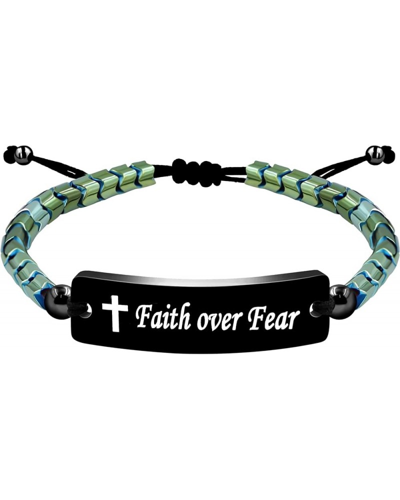 Faith Over Fear Bracelets - Gear-Shaped Hematite Cuff Bangle Adjustable Braided String Y2300 Faith Over Fear-Green $8.39 Brac...