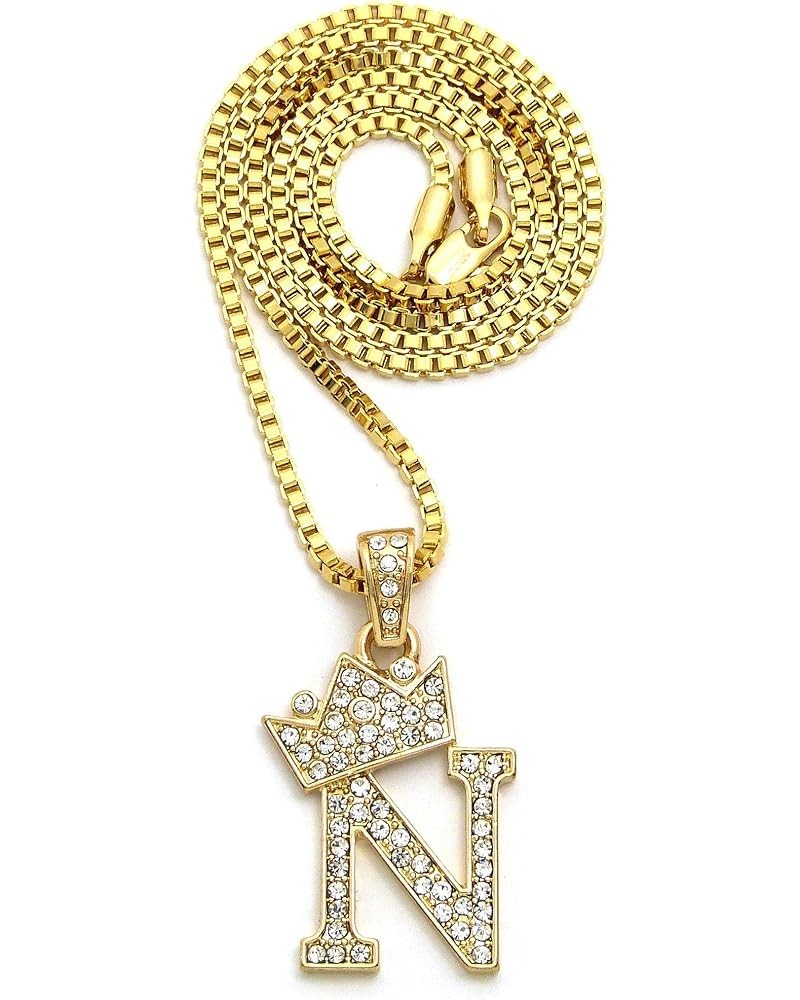 Rhinestone Studded Crown Small Initial Alphabet Letter Pendant Necklace 24" Box Chain Necklaces in Gold Tone or Silver Tone G...