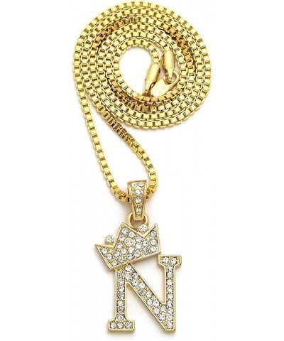 Rhinestone Studded Crown Small Initial Alphabet Letter Pendant Necklace 24" Box Chain Necklaces in Gold Tone or Silver Tone G...