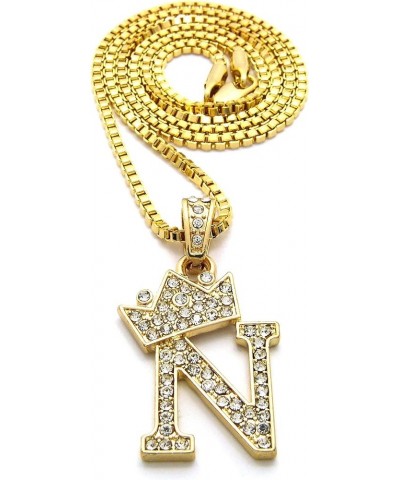 Rhinestone Studded Crown Small Initial Alphabet Letter Pendant Necklace 24" Box Chain Necklaces in Gold Tone or Silver Tone G...