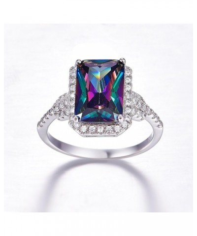8x12mm Emerald Shape Simulated Mystic Rainbow Topaz 925 Sterling Silver CZ Halo Engagement Ring for Women A-Rainbow $11.96 Rings