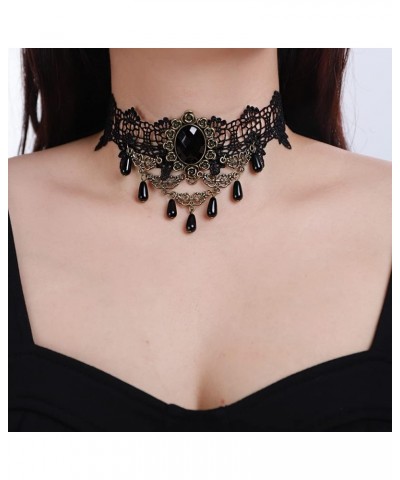 Black Lace Choker Crystal Beads Drop Dangle Tassel Necklaces Gothic Halloween Statement Necklaces Vintage Lace Wrap Choker Je...