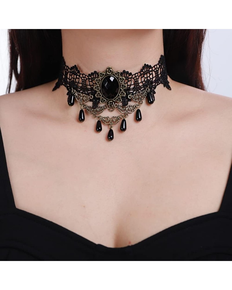 Black Lace Choker Crystal Beads Drop Dangle Tassel Necklaces Gothic Halloween Statement Necklaces Vintage Lace Wrap Choker Je...