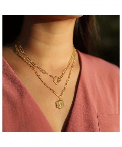 Gold Initial Necklaces for Women, 14K Real Gold Plated Layered Initial Necklace Hexagon Pendant Toggle Clasp Layering Gold Ch...