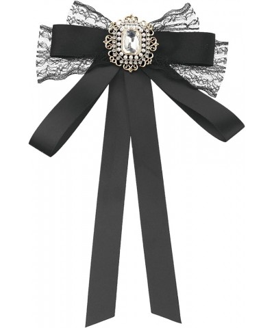 Women's Bow Brooch Long Webbing with Lace Trim Elegant Ribbon Brooch Black $9.68 Brooches & Pins