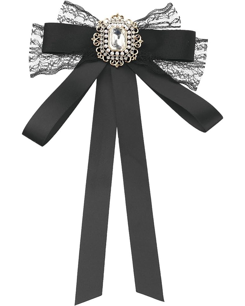 Women's Bow Brooch Long Webbing with Lace Trim Elegant Ribbon Brooch Black $9.68 Brooches & Pins