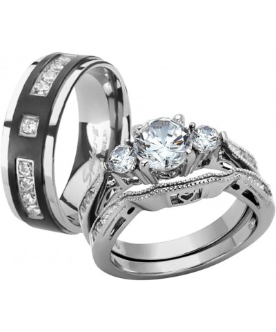 Her and His Stainless Steel Wedding and Engagement Ring and Titanium Wedding Band Set Women's Size 07 Men's Size 11 $20.50 Sets