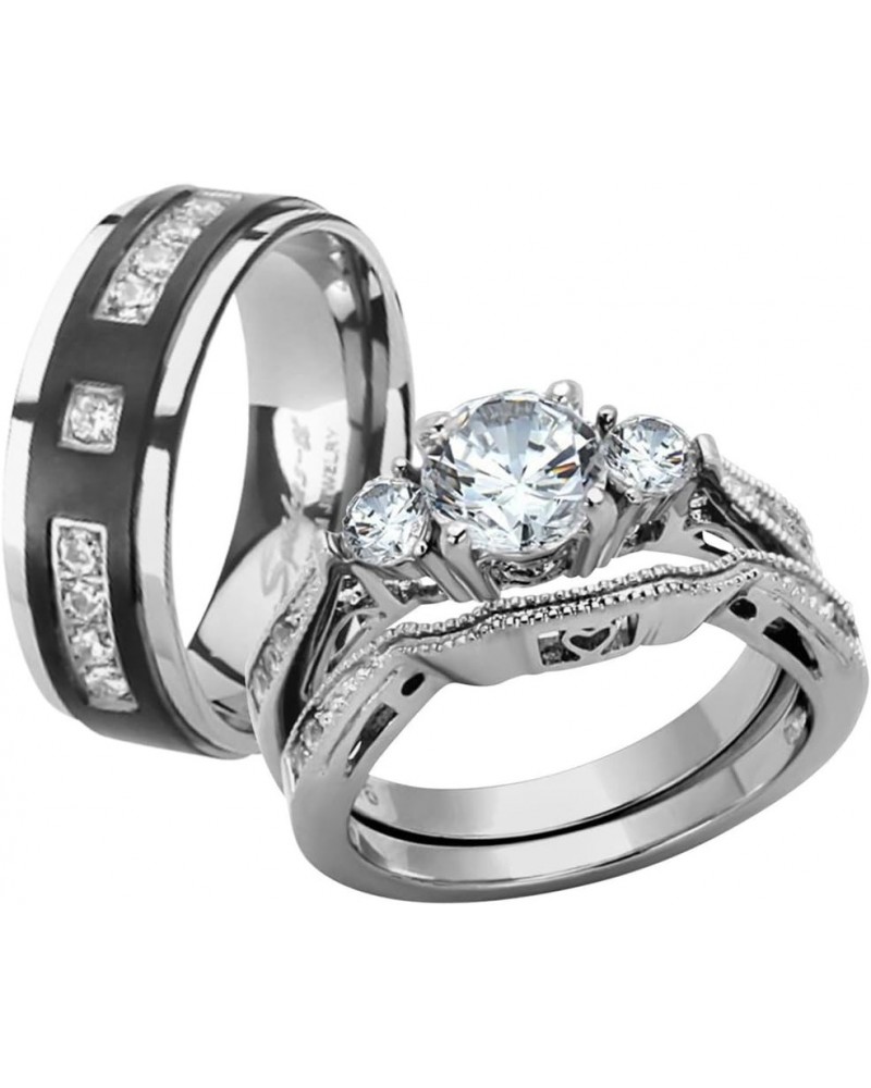 Her and His Stainless Steel Wedding and Engagement Ring and Titanium Wedding Band Set Women's Size 07 Men's Size 11 $20.50 Sets