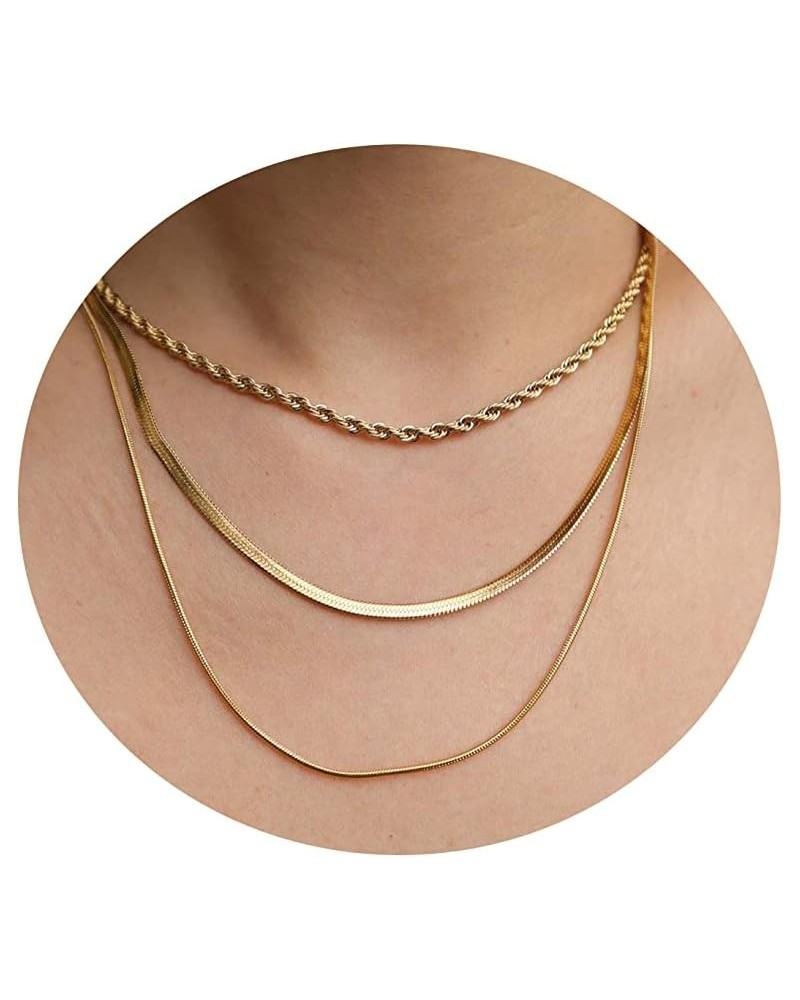 14K Gold Filled Herringbone Choker Necklace Set Double Layer Snake Chain Herringbone Chain Necklace Layering Necklace Set Cub...