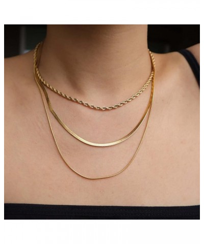 14K Gold Filled Herringbone Choker Necklace Set Double Layer Snake Chain Herringbone Chain Necklace Layering Necklace Set Cub...