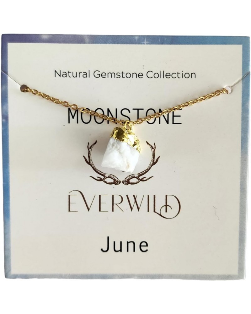 June Moonstone Raw Natural Gemstone Birthstone Necklace for Women - 14k Gold Plated Unique June Birthstone jewelry | Birthday...