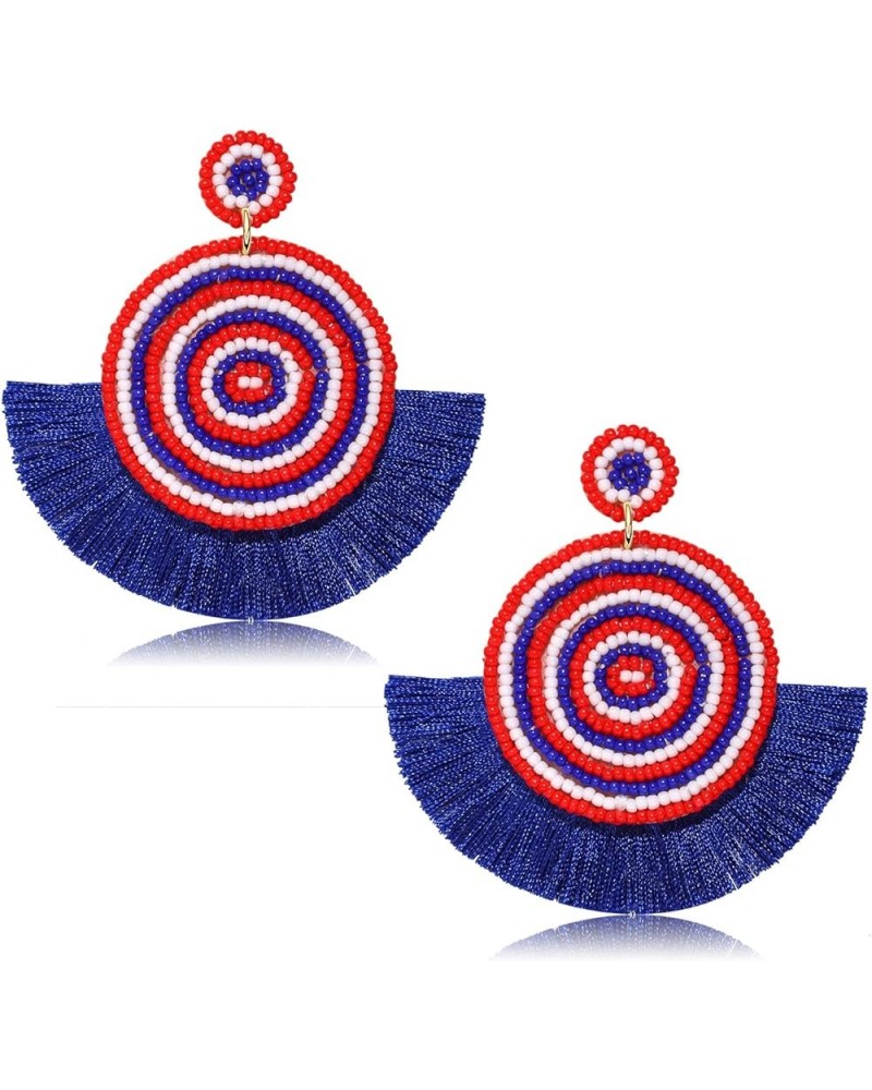 July 4th Earrings for Women Handmade Beaded Fan Tassel Earrings Red White Blue Drop Dangle Earrings for Independent Day Patri...