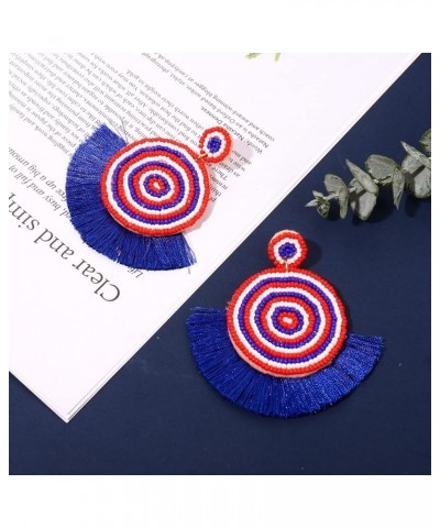 July 4th Earrings for Women Handmade Beaded Fan Tassel Earrings Red White Blue Drop Dangle Earrings for Independent Day Patri...