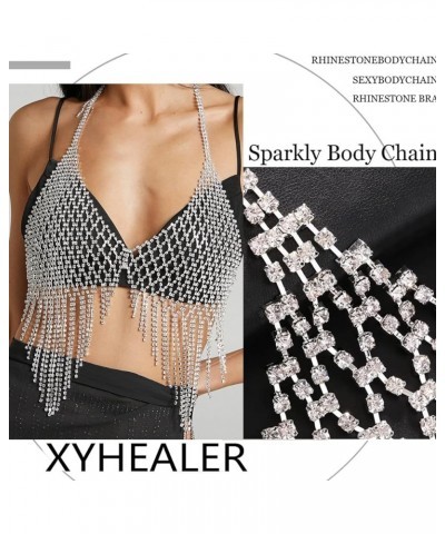 Tassel Mesh Rhinestone Chest Chain Bra Body Jewelry for women Sexy Silver Bikini Bra Body Chains Underwear Accessory Silver1 ...