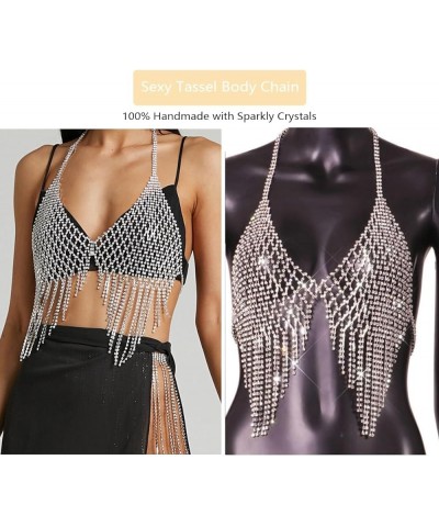 Tassel Mesh Rhinestone Chest Chain Bra Body Jewelry for women Sexy Silver Bikini Bra Body Chains Underwear Accessory Silver1 ...