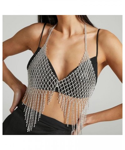 Tassel Mesh Rhinestone Chest Chain Bra Body Jewelry for women Sexy Silver Bikini Bra Body Chains Underwear Accessory Silver1 ...