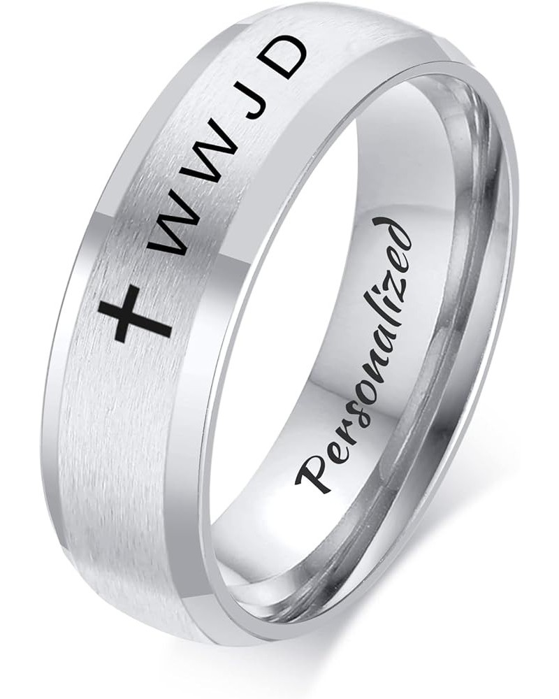 MZZJ Personalized Inside WWJD What Would Jesus Do Ring 6MM Brushed Stainless Steel Bevel Edges Rings Wedding Band,Christian R...