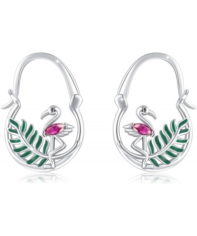 Flamingo Earrings/Necklace 925 Sterling Silver Pink Flamingo Hoop Pendant Flamingo Heart Wave Necklace/Green Leaf Earrings Fl...