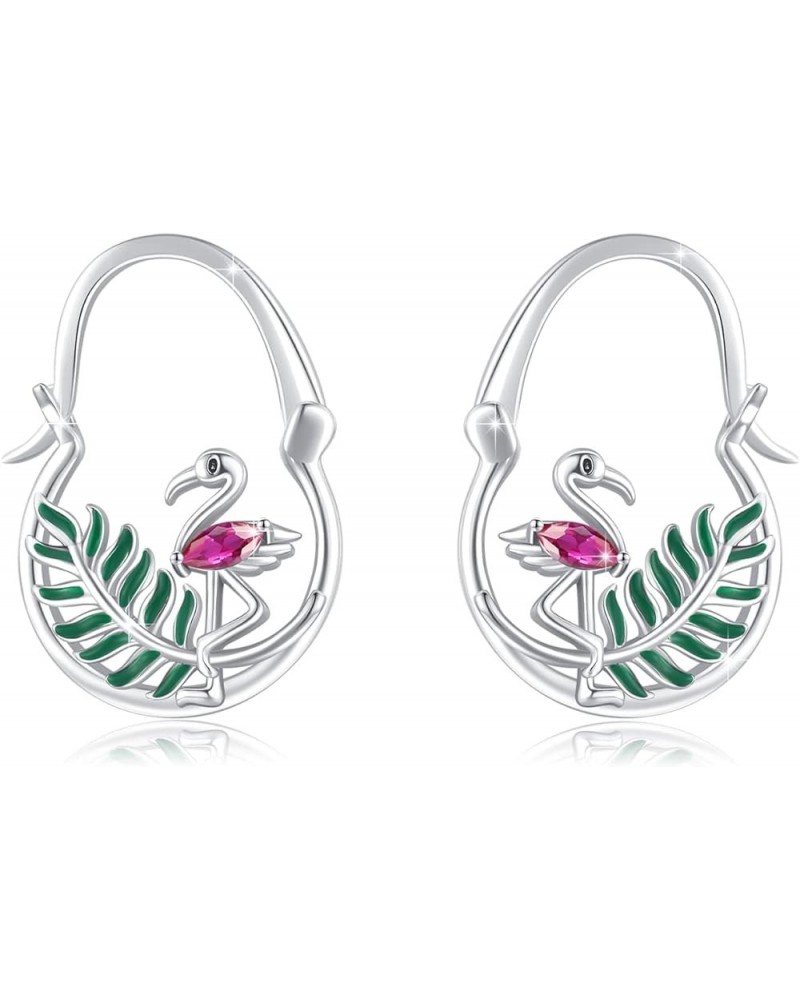 Flamingo Earrings/Necklace 925 Sterling Silver Pink Flamingo Hoop Pendant Flamingo Heart Wave Necklace/Green Leaf Earrings Fl...