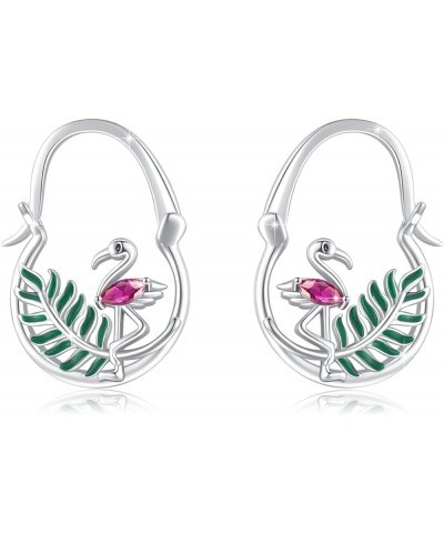 Flamingo Earrings/Necklace 925 Sterling Silver Pink Flamingo Hoop Pendant Flamingo Heart Wave Necklace/Green Leaf Earrings Fl...