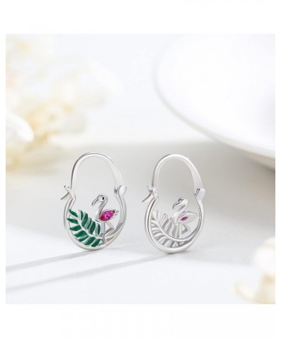 Flamingo Earrings/Necklace 925 Sterling Silver Pink Flamingo Hoop Pendant Flamingo Heart Wave Necklace/Green Leaf Earrings Fl...