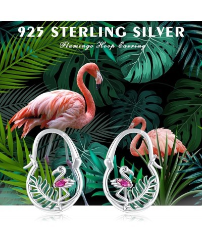 Flamingo Earrings/Necklace 925 Sterling Silver Pink Flamingo Hoop Pendant Flamingo Heart Wave Necklace/Green Leaf Earrings Fl...