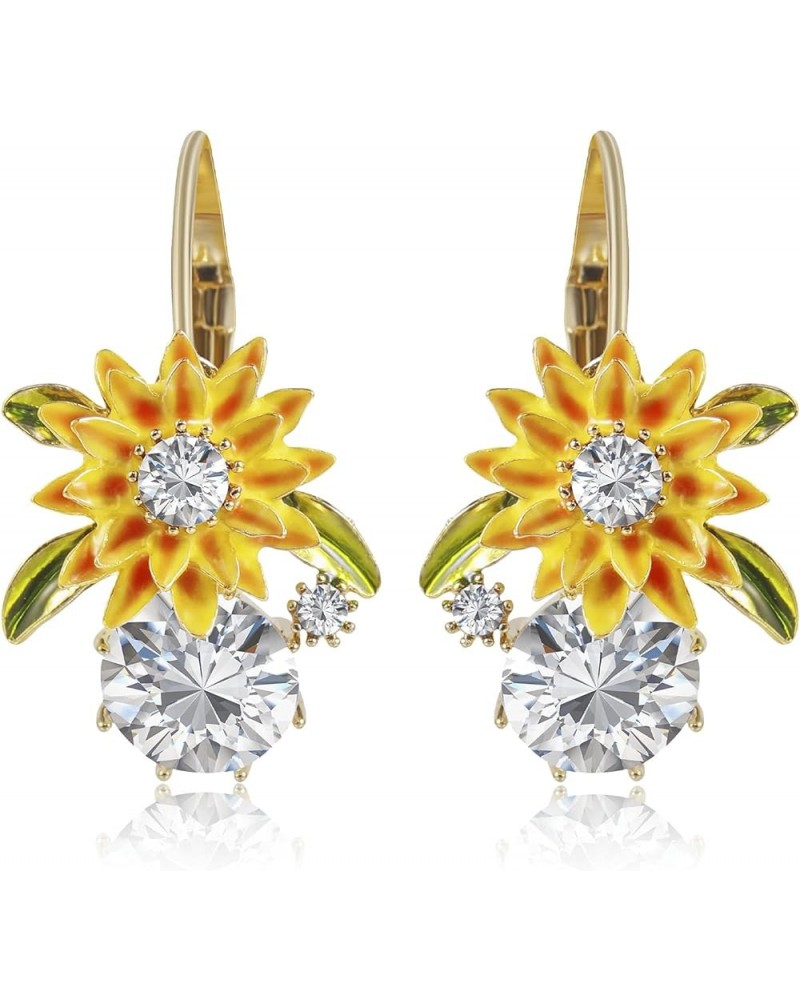 Sunflower Cubic Zirconia Dangle Earrings - Gold Leverback Swarovski Crystal Halo Enamel Earrings for Women Girls, Yellow $10....