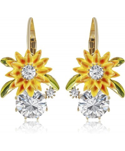 Sunflower Cubic Zirconia Dangle Earrings - Gold Leverback Swarovski Crystal Halo Enamel Earrings for Women Girls, Yellow $10....