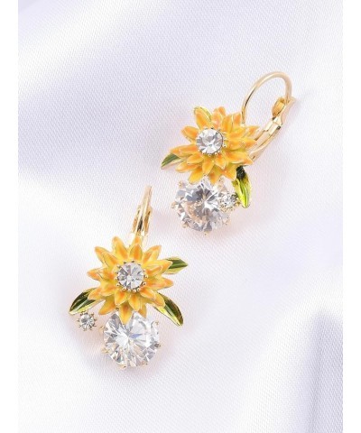 Sunflower Cubic Zirconia Dangle Earrings - Gold Leverback Swarovski Crystal Halo Enamel Earrings for Women Girls, Yellow $10....