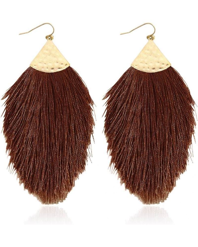 Bohemian Silky Thread Fan Fringe Tassel Statement Earrings - Lightweight Strand Feather Shape Dangles Feather Fringe - Brown ...