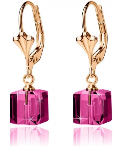 Austrian Crystal Cube Drop Earrings for Women Leverback Dangle Earrings 14K Gold Plated Hypoallergenic Jewelry Fuchsia $13.10...