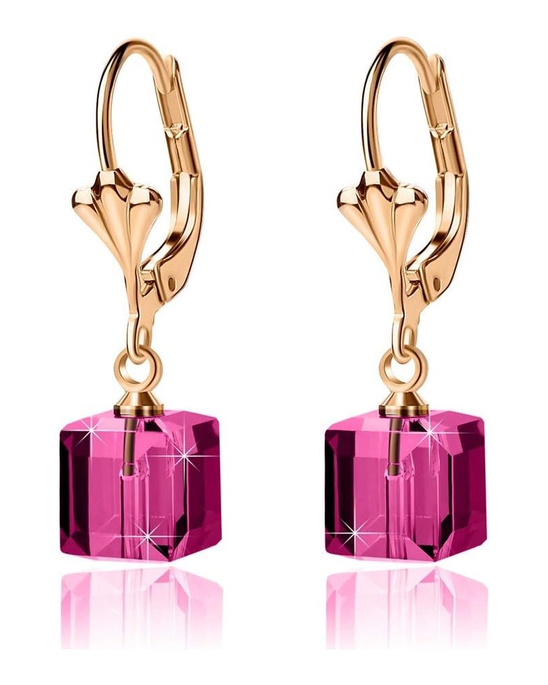 Austrian Crystal Cube Drop Earrings for Women Leverback Dangle Earrings 14K Gold Plated Hypoallergenic Jewelry Fuchsia $13.10...