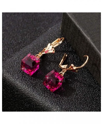 Austrian Crystal Cube Drop Earrings for Women Leverback Dangle Earrings 14K Gold Plated Hypoallergenic Jewelry Fuchsia $13.10...