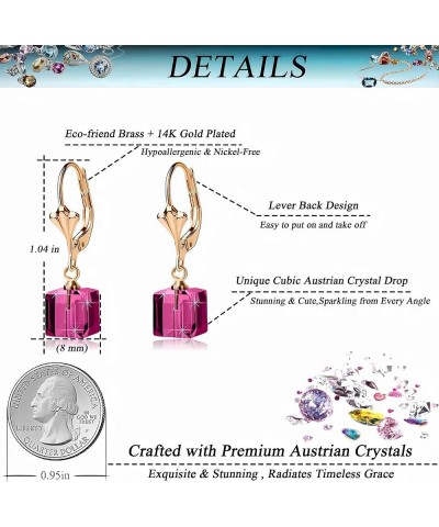 Austrian Crystal Cube Drop Earrings for Women Leverback Dangle Earrings 14K Gold Plated Hypoallergenic Jewelry Fuchsia $13.10...