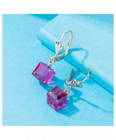 Austrian Crystal Cube Drop Earrings for Women Leverback Dangle Earrings 14K Gold Plated Hypoallergenic Jewelry Fuchsia $13.10...