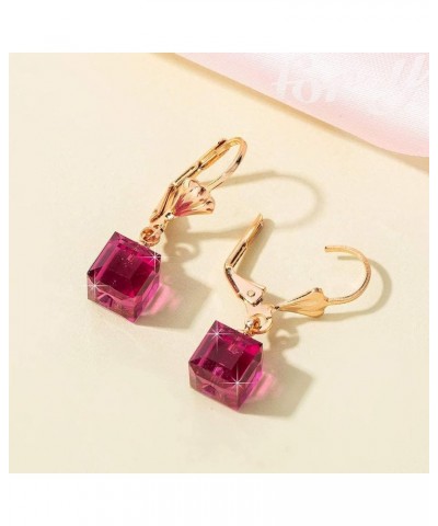 Austrian Crystal Cube Drop Earrings for Women Leverback Dangle Earrings 14K Gold Plated Hypoallergenic Jewelry Fuchsia $13.10...