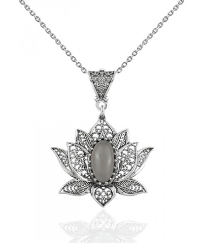 925 Sterling Silver Necklace for Women Filigree Art Lotus Flower Women Pendant Necklace Gray Moonstone $29.69 Necklaces