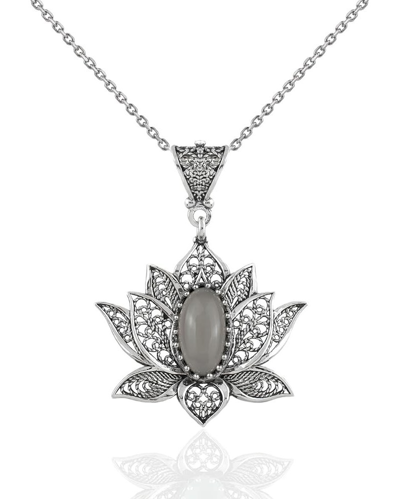 925 Sterling Silver Necklace for Women Filigree Art Lotus Flower Women Pendant Necklace Gray Moonstone $29.69 Necklaces