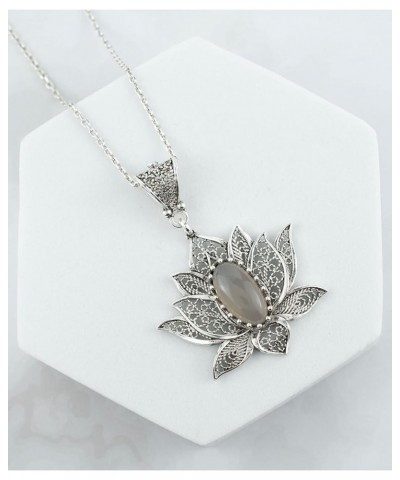 925 Sterling Silver Necklace for Women Filigree Art Lotus Flower Women Pendant Necklace Gray Moonstone $29.69 Necklaces