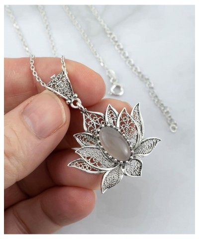 925 Sterling Silver Necklace for Women Filigree Art Lotus Flower Women Pendant Necklace Gray Moonstone $29.69 Necklaces