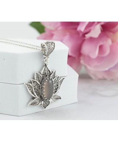 925 Sterling Silver Necklace for Women Filigree Art Lotus Flower Women Pendant Necklace Gray Moonstone $29.69 Necklaces