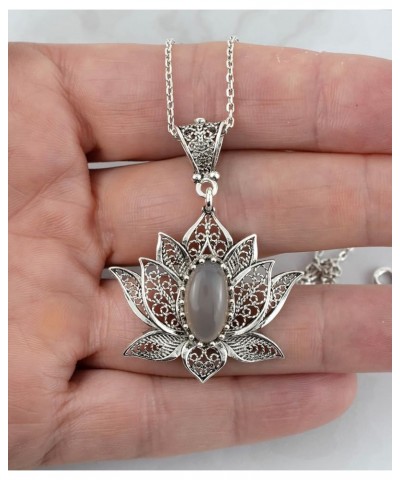 925 Sterling Silver Necklace for Women Filigree Art Lotus Flower Women Pendant Necklace Gray Moonstone $29.69 Necklaces